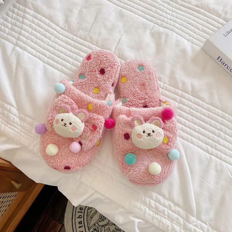 Autumn and Winter New Women's Cute Cartoon Bow Plush Dormitory Home Slippers Indoor Warm Cotton Slippers Couple's Home Shoes - Image 10