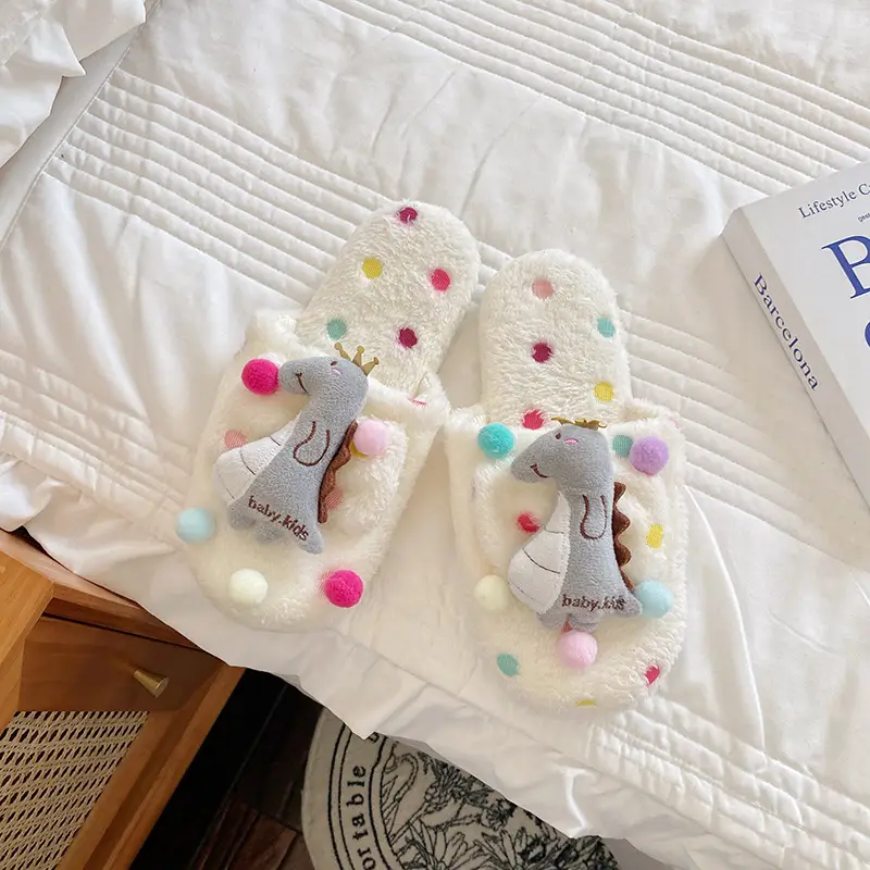 Autumn and Winter New Women's Cute Cartoon Bow Plush Dormitory Home Slippers Indoor Warm Cotton Slippers Couple's Home Shoes - Image 2