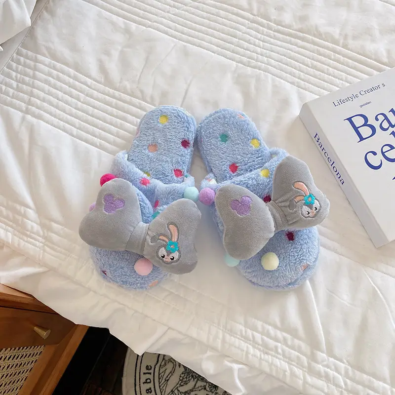 Autumn and Winter New Women's Cute Cartoon Bow Plush Dormitory Home Slippers Indoor Warm Cotton Slippers Couple's Home Shoes - Image 4