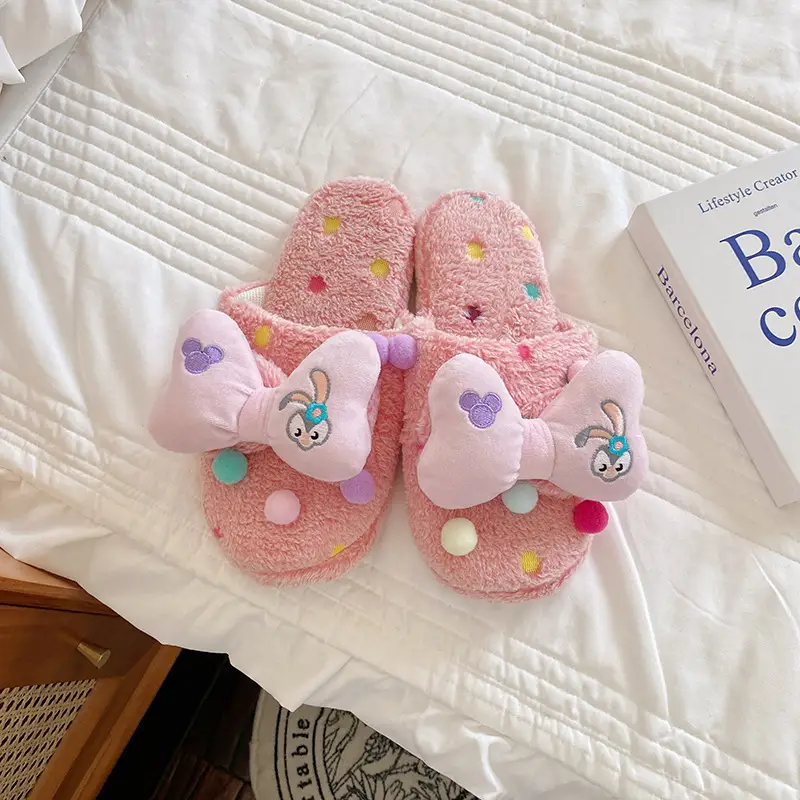 Autumn and Winter New Women's Cute Cartoon Bow Plush Dormitory Home Slippers Indoor Warm Cotton Slippers Couple's Home Shoes - Image 5