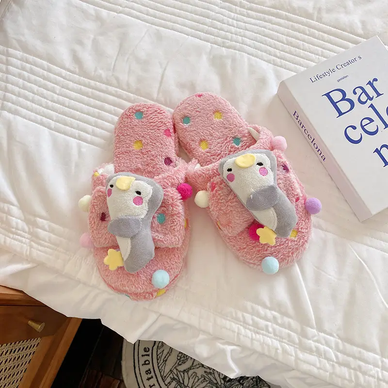 Autumn and Winter New Women's Cute Cartoon Bow Plush Dormitory Home Slippers Indoor Warm Cotton Slippers Couple's Home Shoes - Image 6