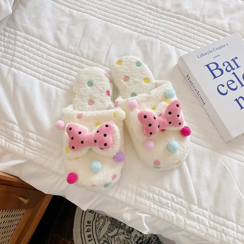 Autumn and Winter New Women's Cute Cartoon Bow Plush Dormitory Home Slippers Indoor Warm Cotton Slippers Couple's Home Shoes - Image 7
