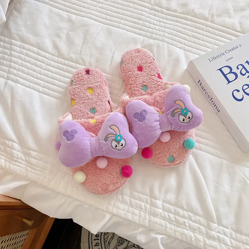 Autumn and Winter New Women's Cute Cartoon Bow Plush Dormitory Home Slippers Indoor Warm Cotton Slippers Couple's Home Shoes - Image 8