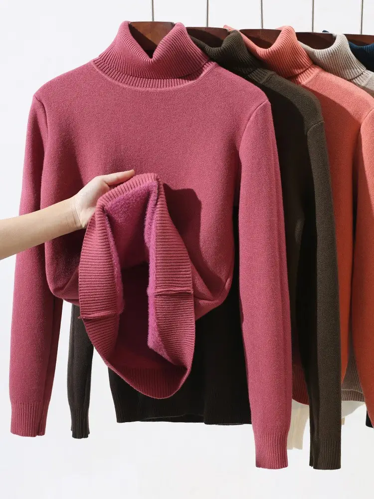 Women Velvet Turtleneck Sweater Brown Velvet Neckline - Image 27