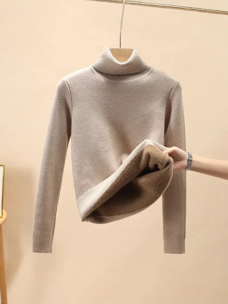 Women Velvet Turtleneck Sweater Brown Velvet Neckline - Image 28