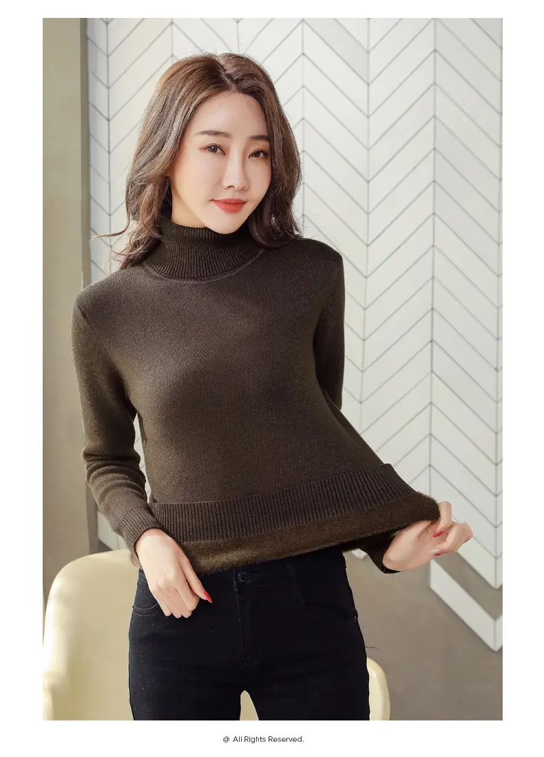 Women Velvet Turtleneck Sweater Brown Velvet Neckline — feature 11