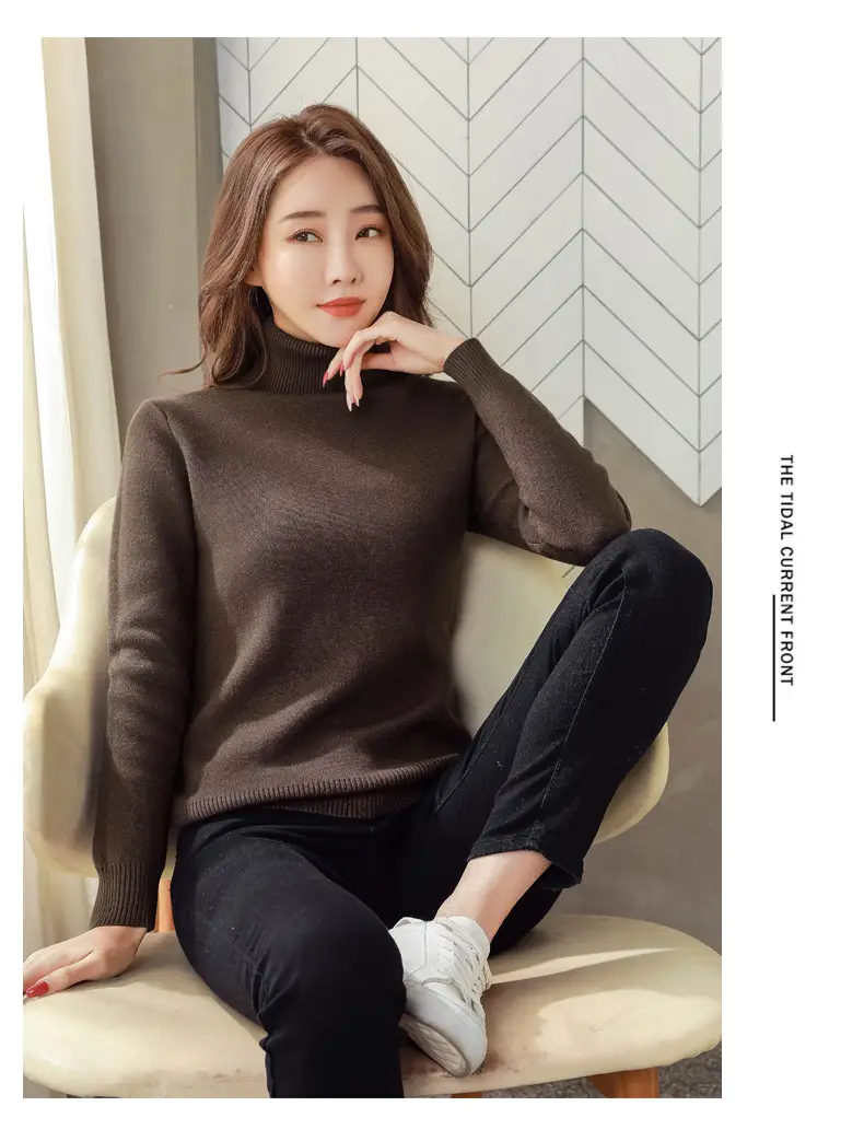 Women Velvet Turtleneck Sweater Brown Velvet Neckline — feature 12