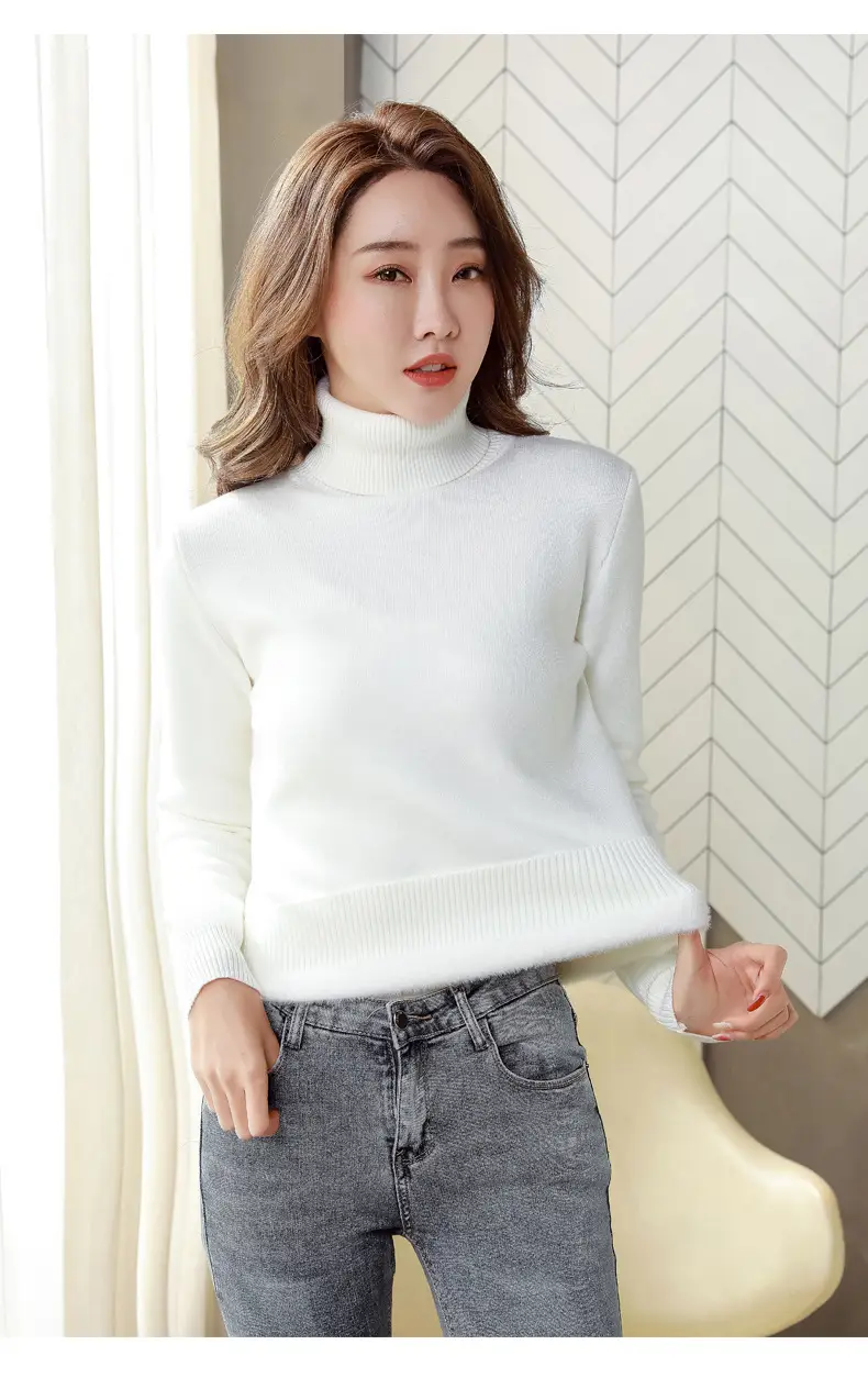 Women Velvet Turtleneck Sweater Brown Velvet Neckline — feature 14