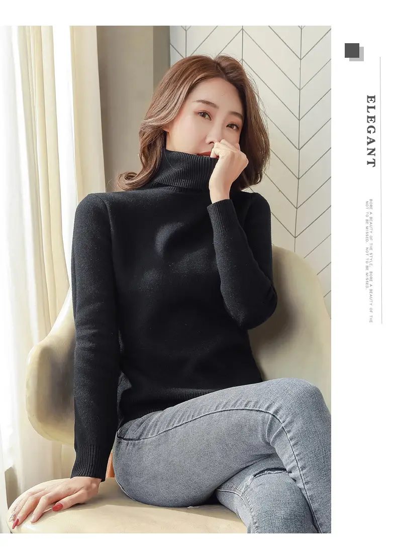 Women Velvet Turtleneck Sweater Brown Velvet Neckline — feature 17