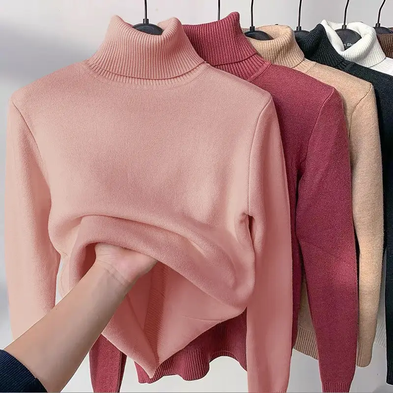 Women Velvet Turtleneck Sweater Brown Velvet Neckline - Image 10