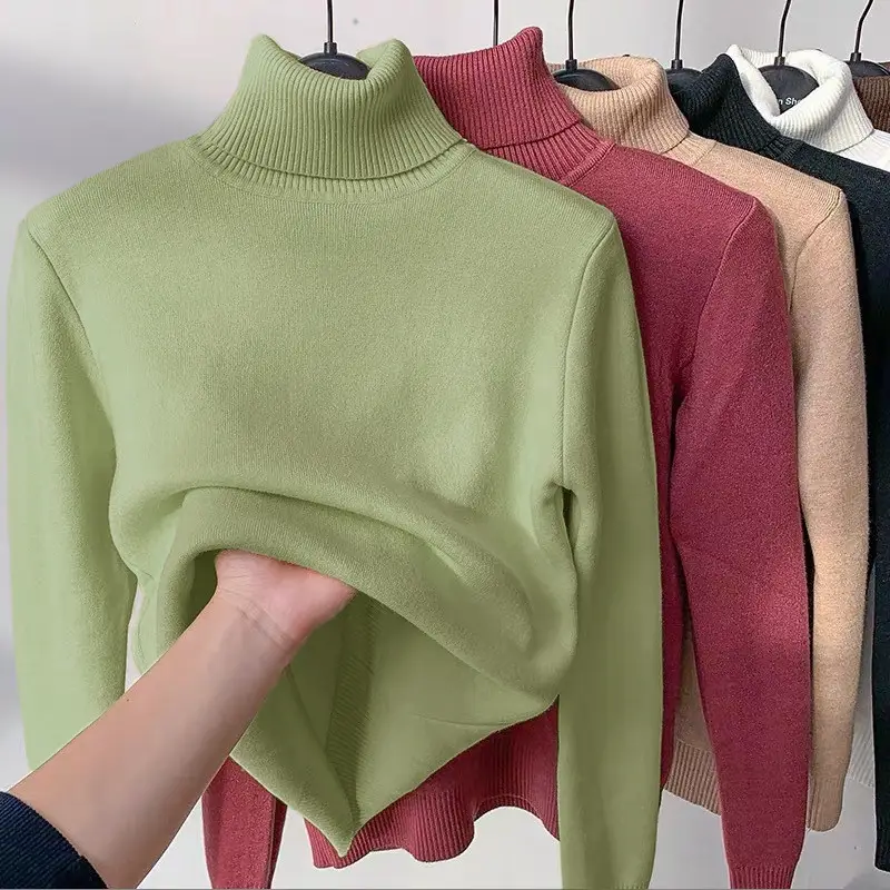 Women Velvet Turtleneck Sweater Brown Velvet Neckline - Image 11