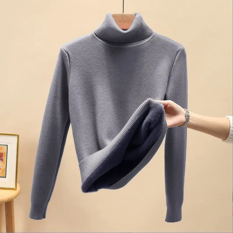 Women Velvet Turtleneck Sweater Brown Velvet Neckline - Image 12