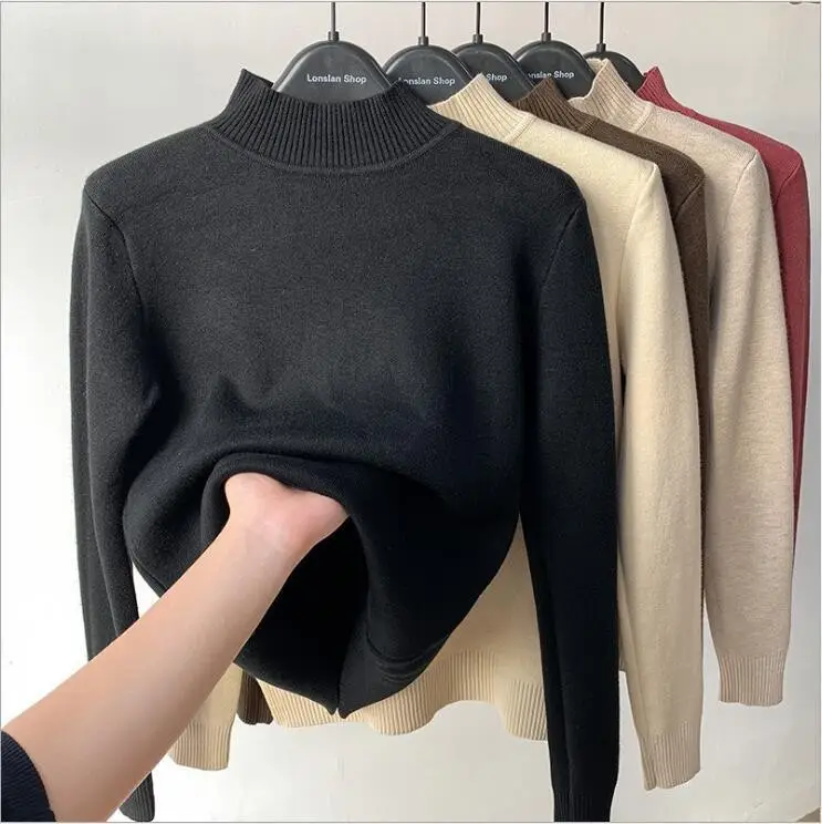 Women Velvet Turtleneck Sweater Brown Velvet Neckline - Image 13