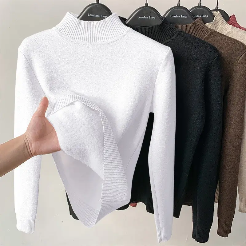 Women Velvet Turtleneck Sweater Brown Velvet Neckline - Image 14