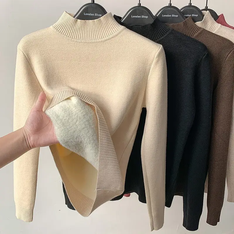 Women Velvet Turtleneck Sweater Brown Velvet Neckline - Image 15