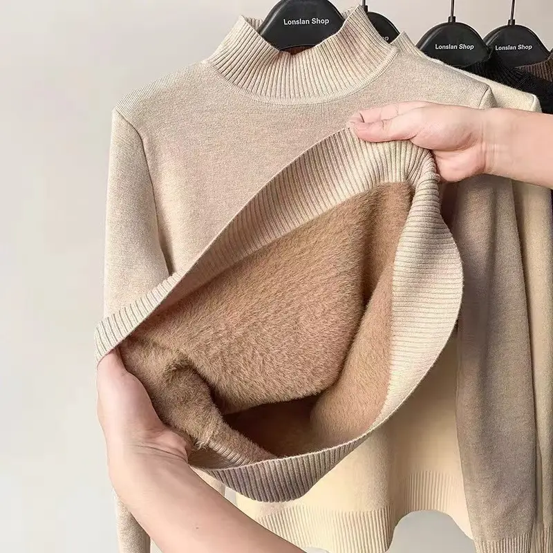 Women Velvet Turtleneck Sweater Brown Velvet Neckline - Image 16