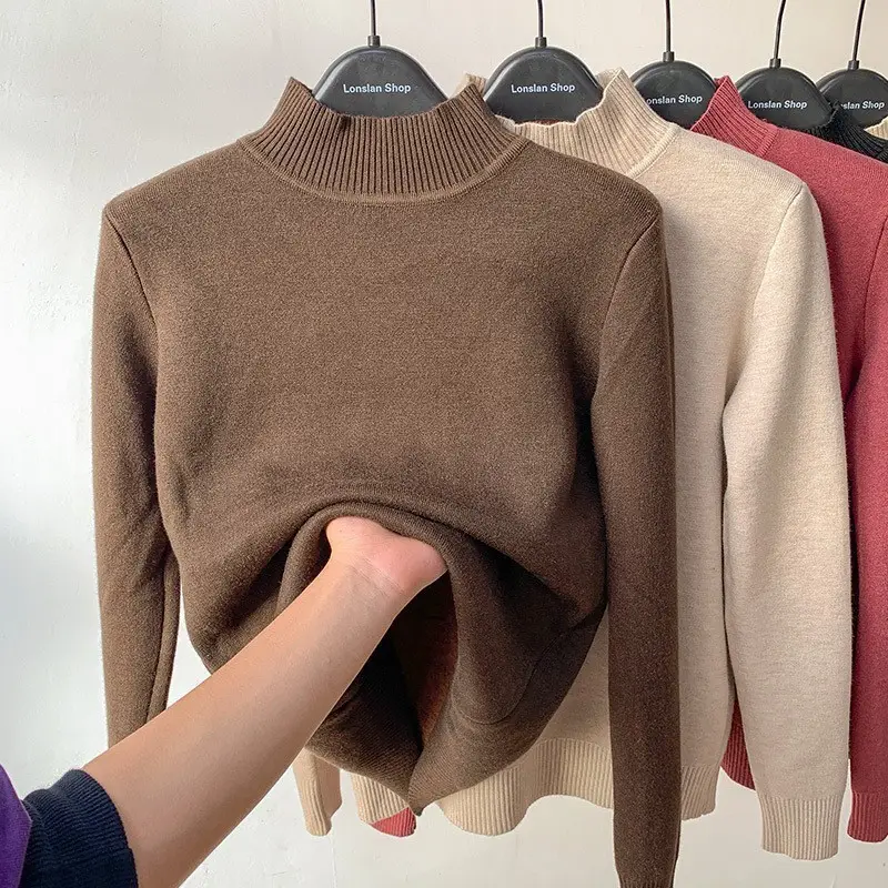 Women Velvet Turtleneck Sweater Brown Velvet Neckline - Image 17