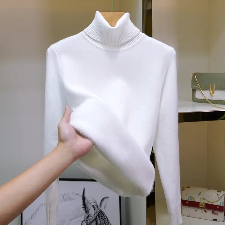 Women Velvet Turtleneck Sweater Brown Velvet Neckline - Image 2