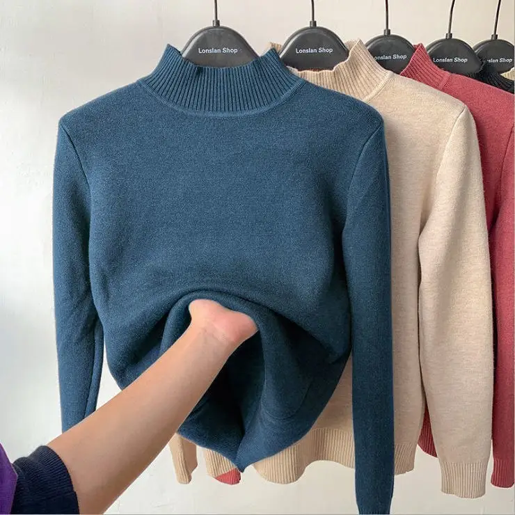 Women Velvet Turtleneck Sweater Brown Velvet Neckline - Image 20