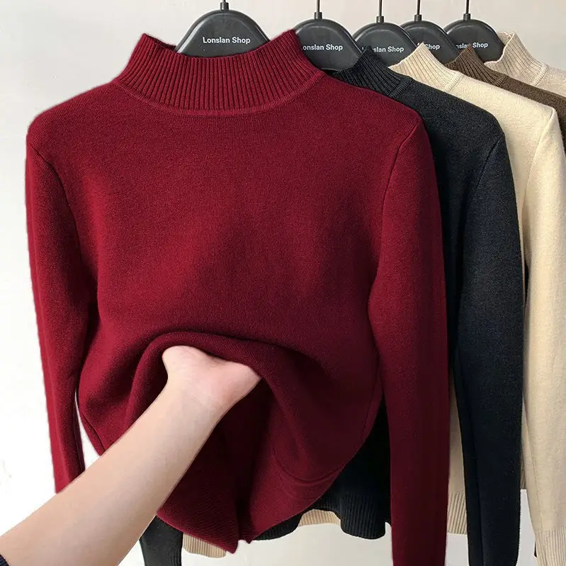 Women Velvet Turtleneck Sweater Brown Velvet Neckline - Image 21