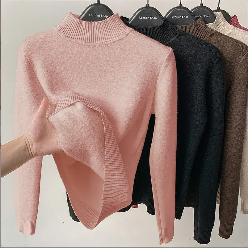 Women Velvet Turtleneck Sweater Brown Velvet Neckline - Image 22
