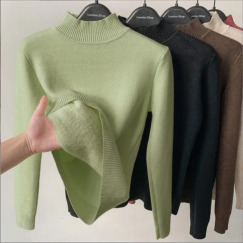 Women Velvet Turtleneck Sweater Brown Velvet Neckline - Image 23