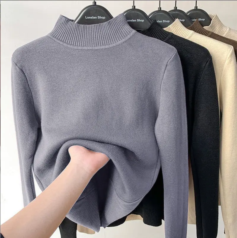 Women Velvet Turtleneck Sweater Brown Velvet Neckline - Image 24