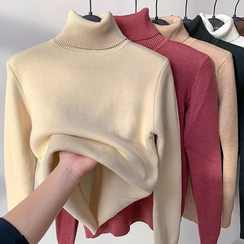 Women Velvet Turtleneck Sweater Brown Velvet Neckline - Image 3