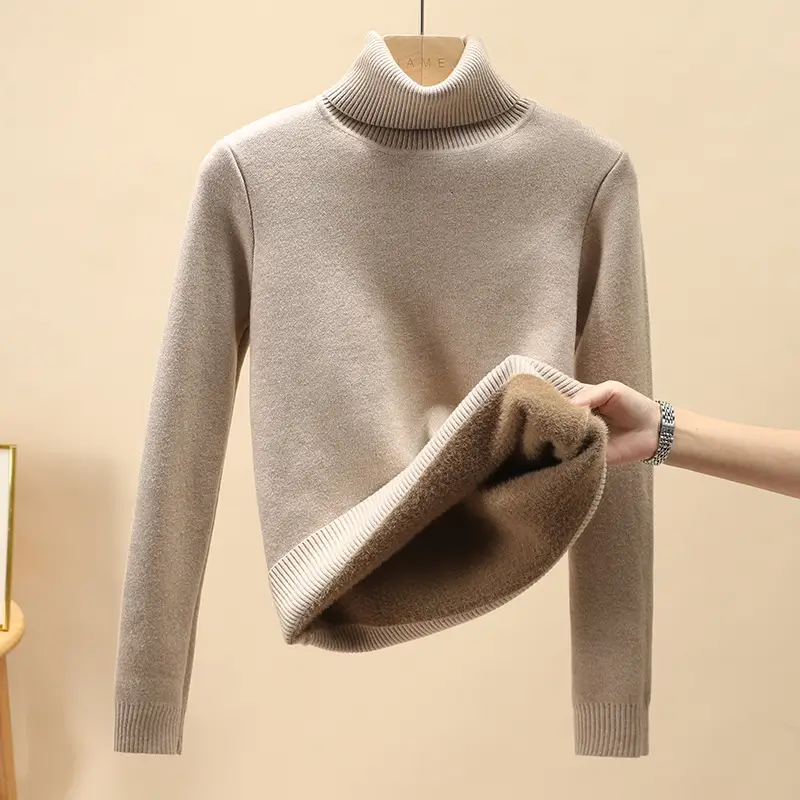 Women Velvet Turtleneck Sweater Brown Velvet Neckline - Image 4