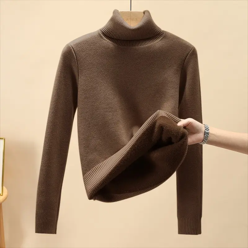 Women Velvet Turtleneck Sweater Brown Velvet Neckline - Image 5