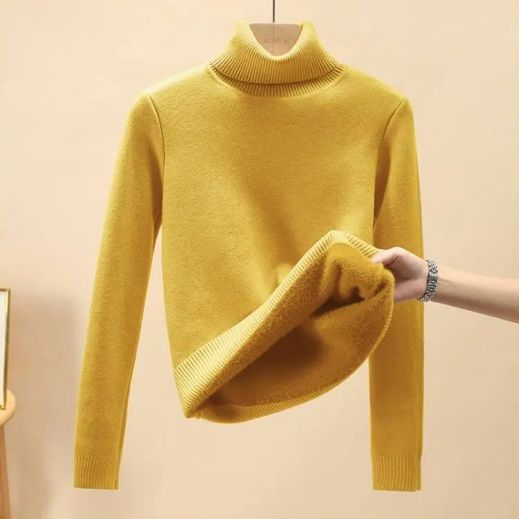 Women Velvet Turtleneck Sweater Brown Velvet Neckline - Image 6