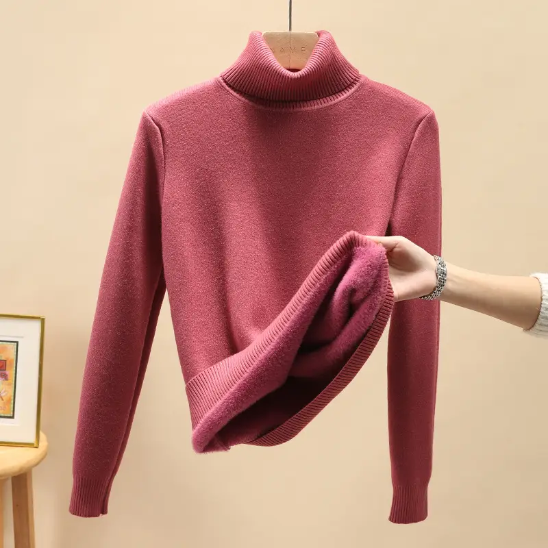 Women Velvet Turtleneck Sweater Brown Velvet Neckline - Image 7