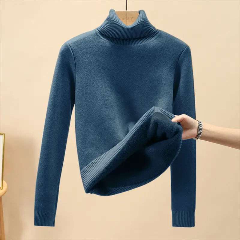 Women Velvet Turtleneck Sweater Brown Velvet Neckline - Image 8