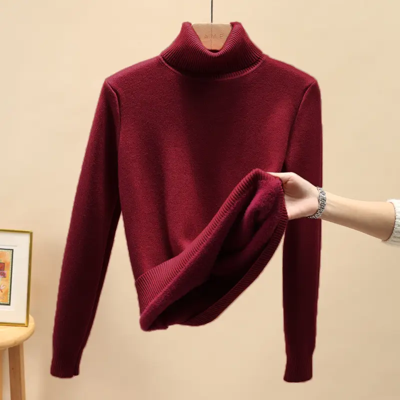 Women Velvet Turtleneck Sweater Brown Velvet Neckline - Image 9