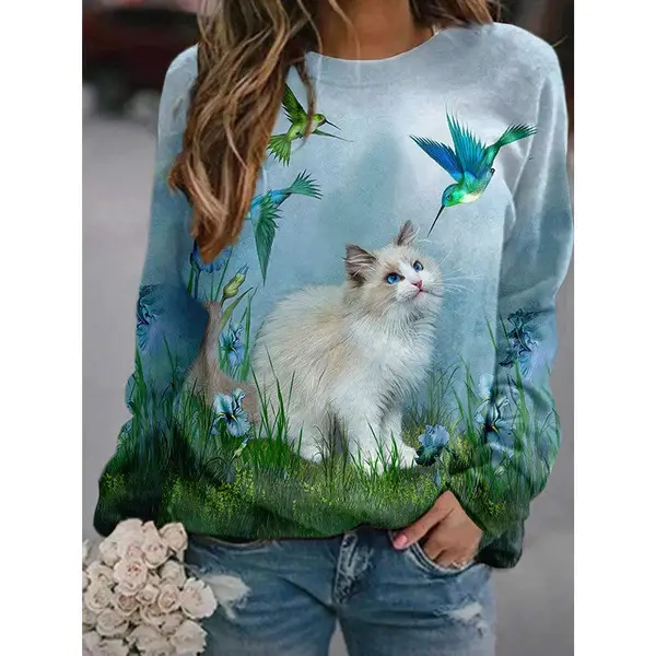 2021 Cartoon Cat Printed Long Sleeve T-Shirt Blue - Image 6