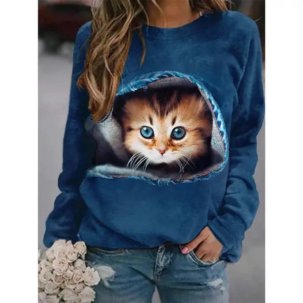 2021 Cartoon Cat Printed Long Sleeve T-Shirt Blue - Image 7