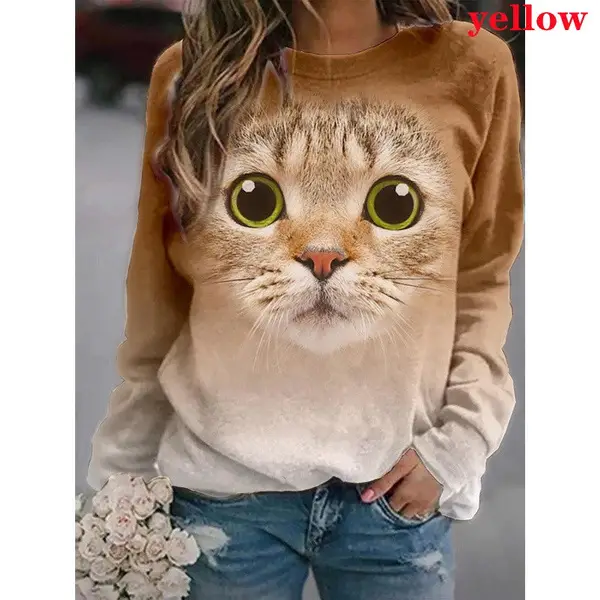 2021 Cartoon Cat Printed Long Sleeve T-Shirt Blue - Image 2
