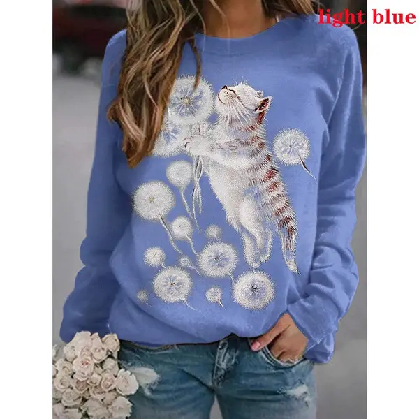 2021 Cartoon Cat Printed Long Sleeve T-Shirt Blue - Image 3