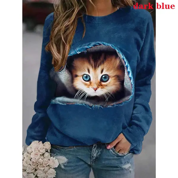 2021 Cartoon Cat Printed Long Sleeve T-Shirt Blue - Image 4