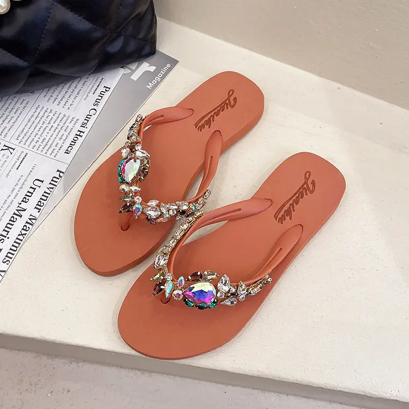 New Summer Rhinestone Flip Flops Women Orange