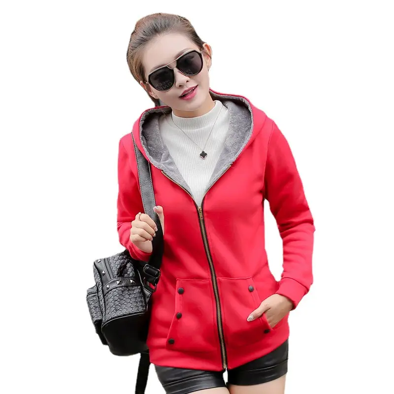 Women Fleece Hooded Sweatshirt Red Winter Jacket - Image 4