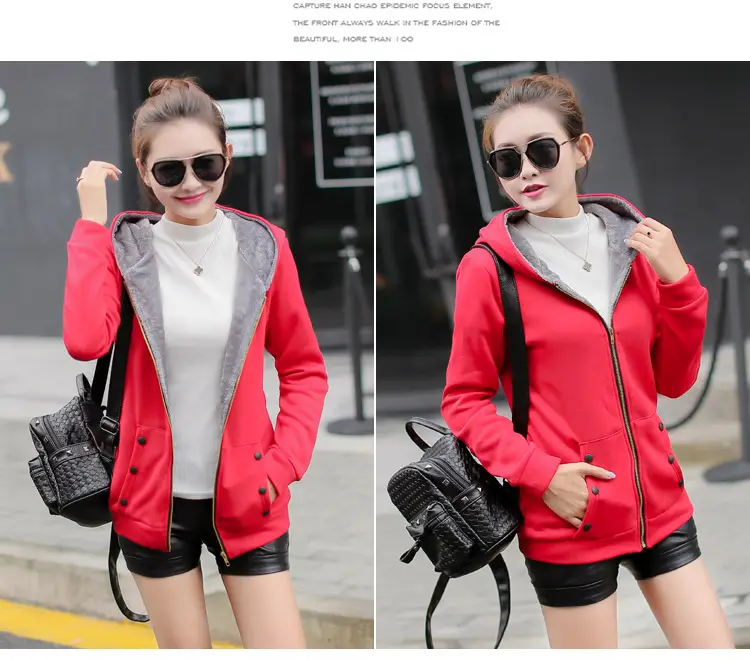 Women Fleece Hooded Sweatshirt Red Winter Jacket — feature 10