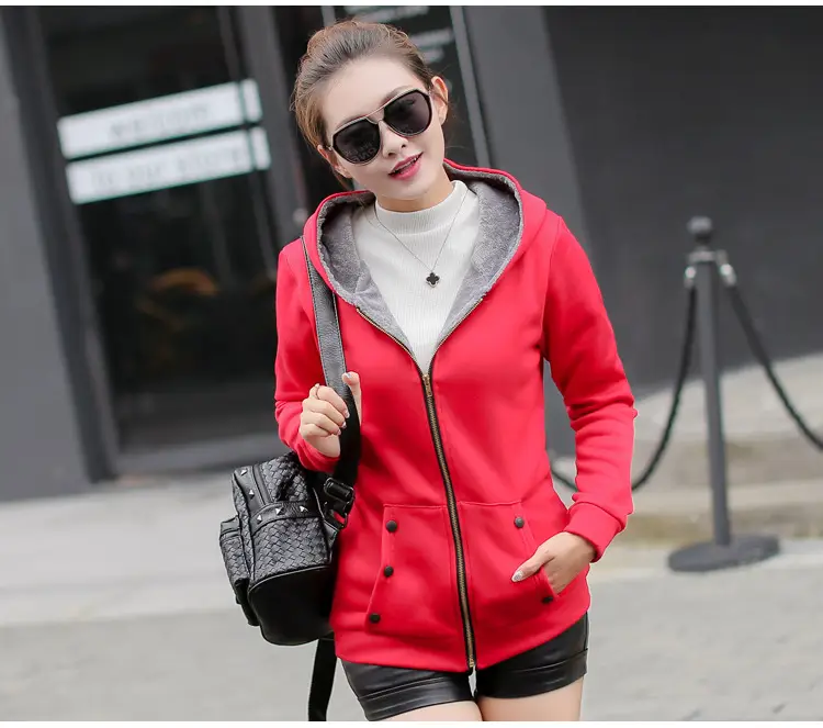 Women Fleece Hooded Sweatshirt Red Winter Jacket — feature 8
