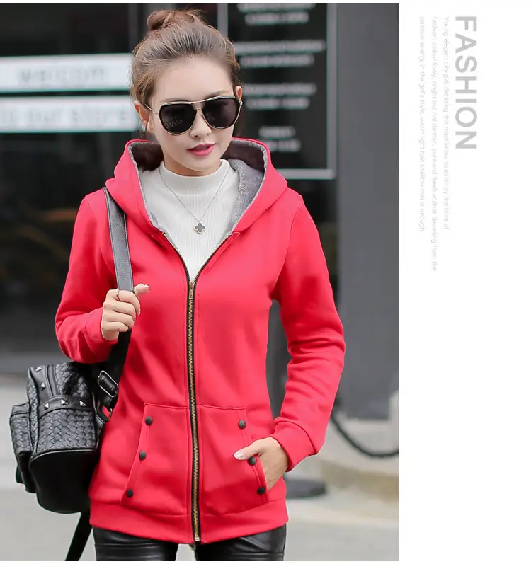 Women Fleece Hooded Sweatshirt Red Winter Jacket — feature 9