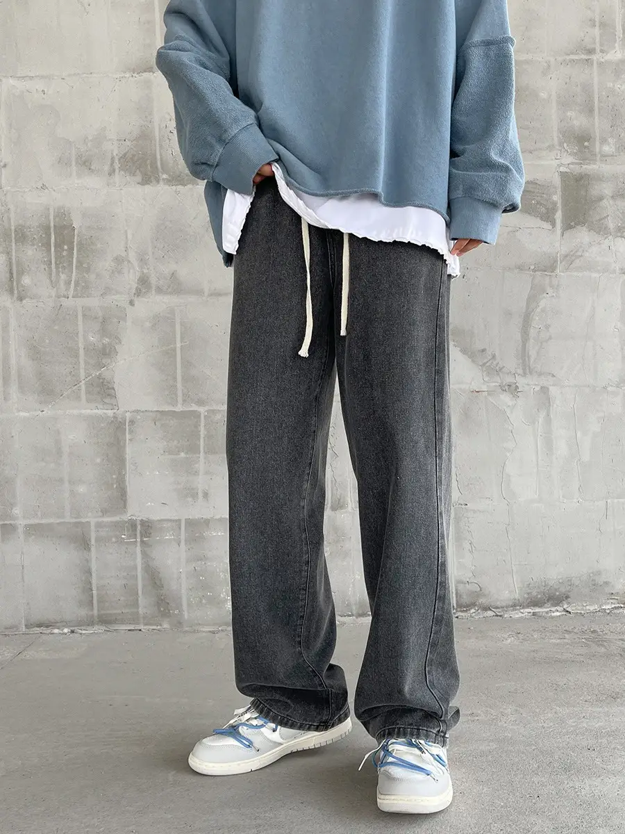 Men's Elastic Waist Jeans Vintage Washed Loose Straight Leg