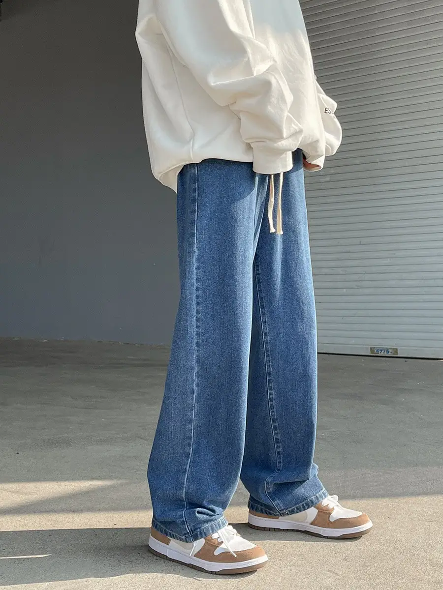 Men's Elastic Waist Jeans Vintage Washed Loose Straight Leg
