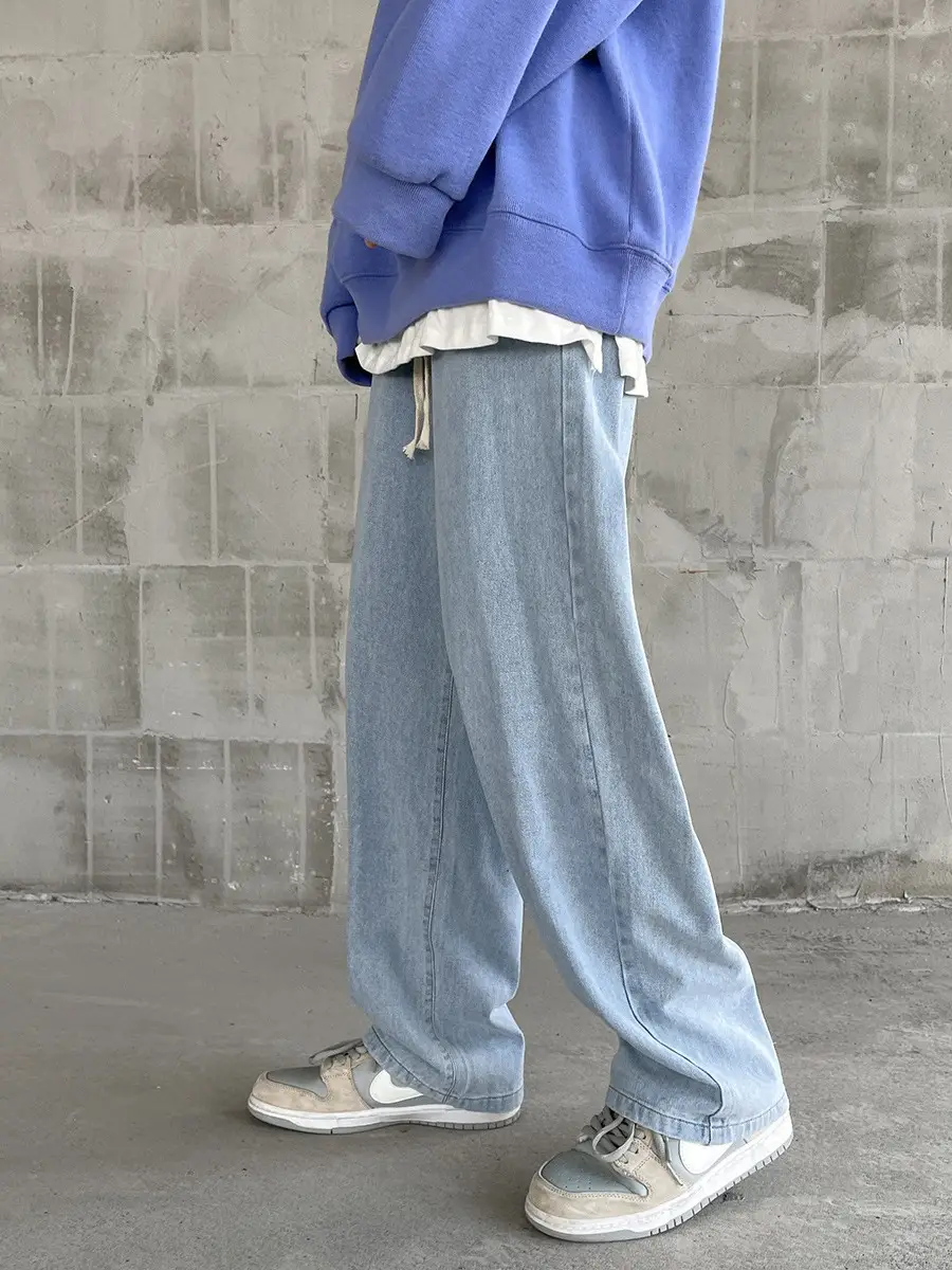 Men's Elastic Waist Jeans Vintage Washed Loose Straight Leg