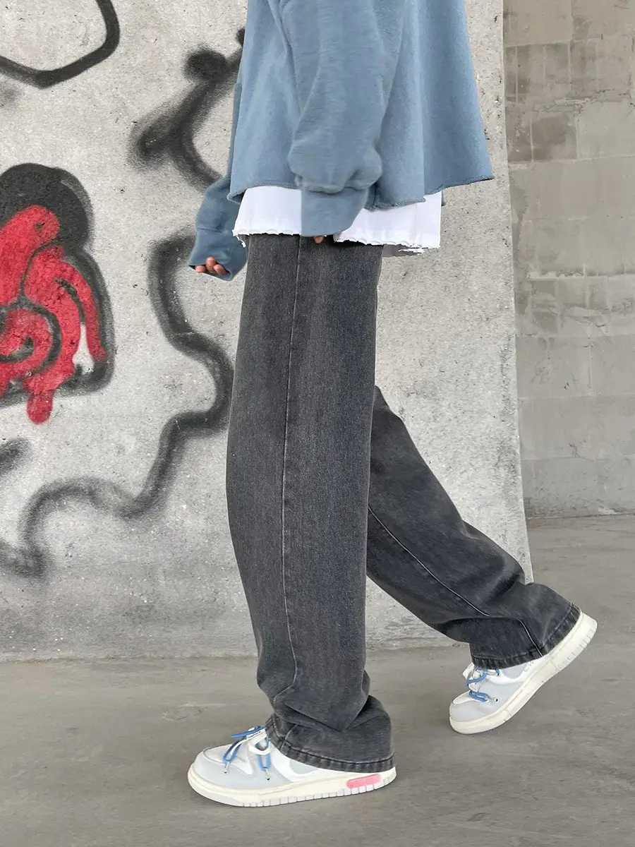Men's Elastic Waist Jeans Vintage Washed Loose Straight Leg