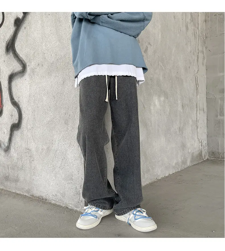 Men's Elastic Waist Jeans Vintage Washed Loose Straight Leg — feature 19