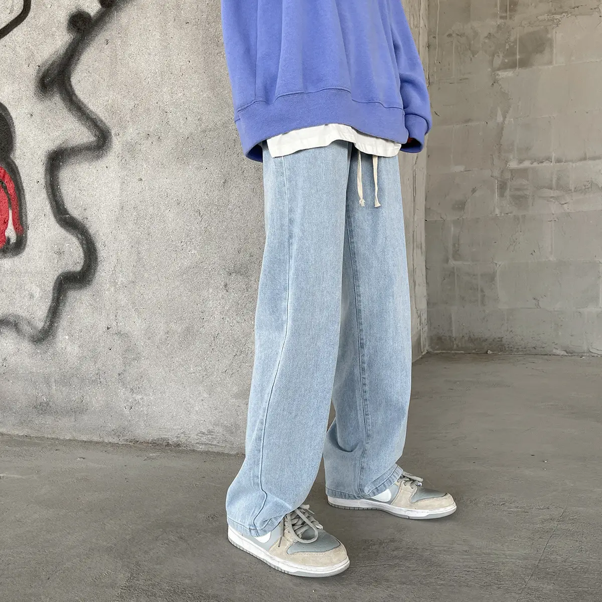 Men's Elastic Waist Jeans Vintage Washed Loose Straight Leg